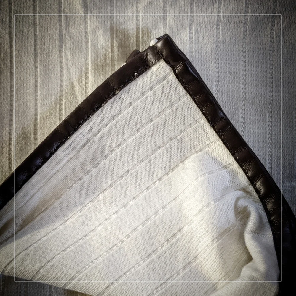 Elegant Textured Cream Light Blanket Shawl with Brown P-Leather Trim